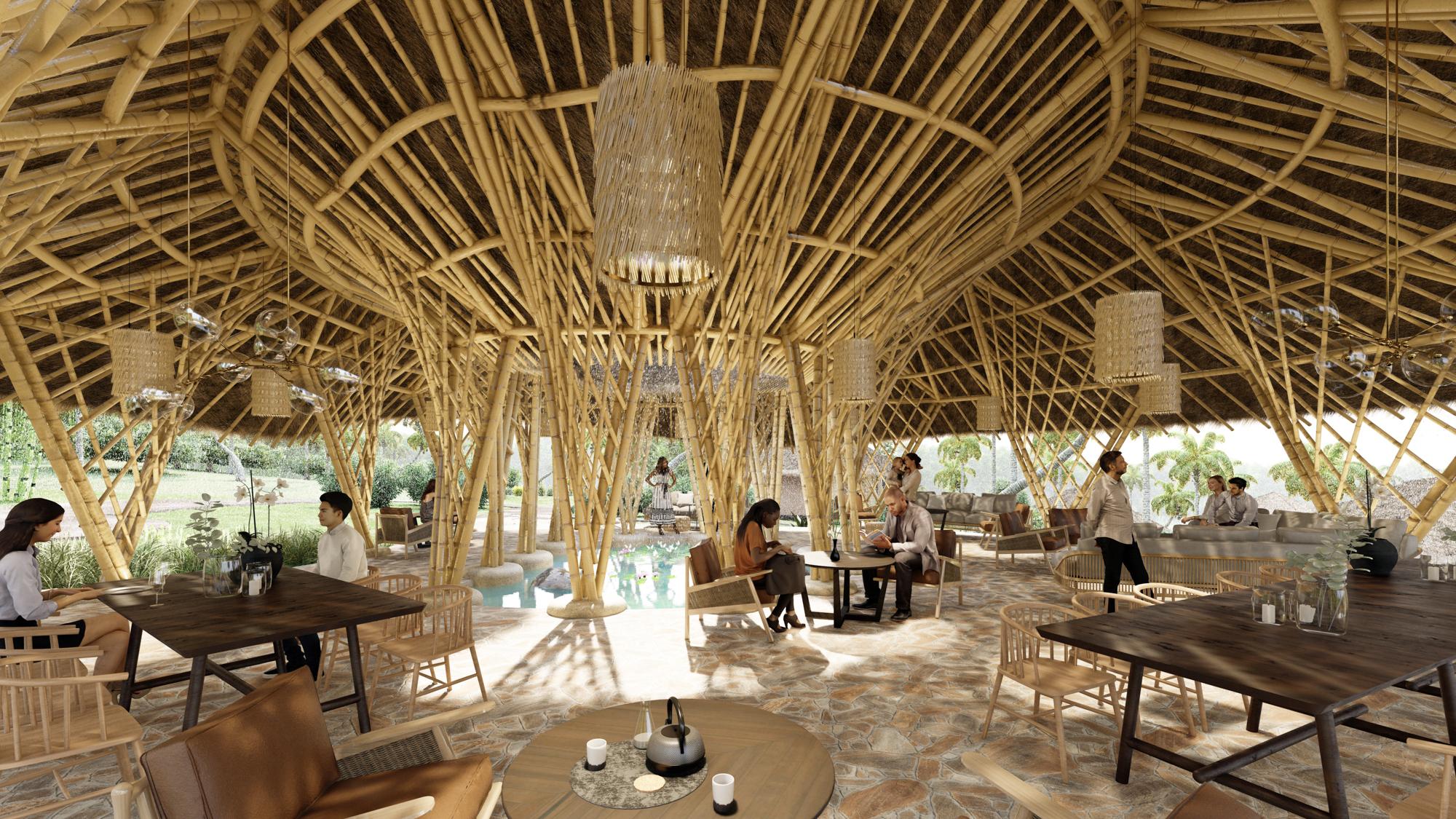 una bamboo eco hotel restaurant interior view daylight